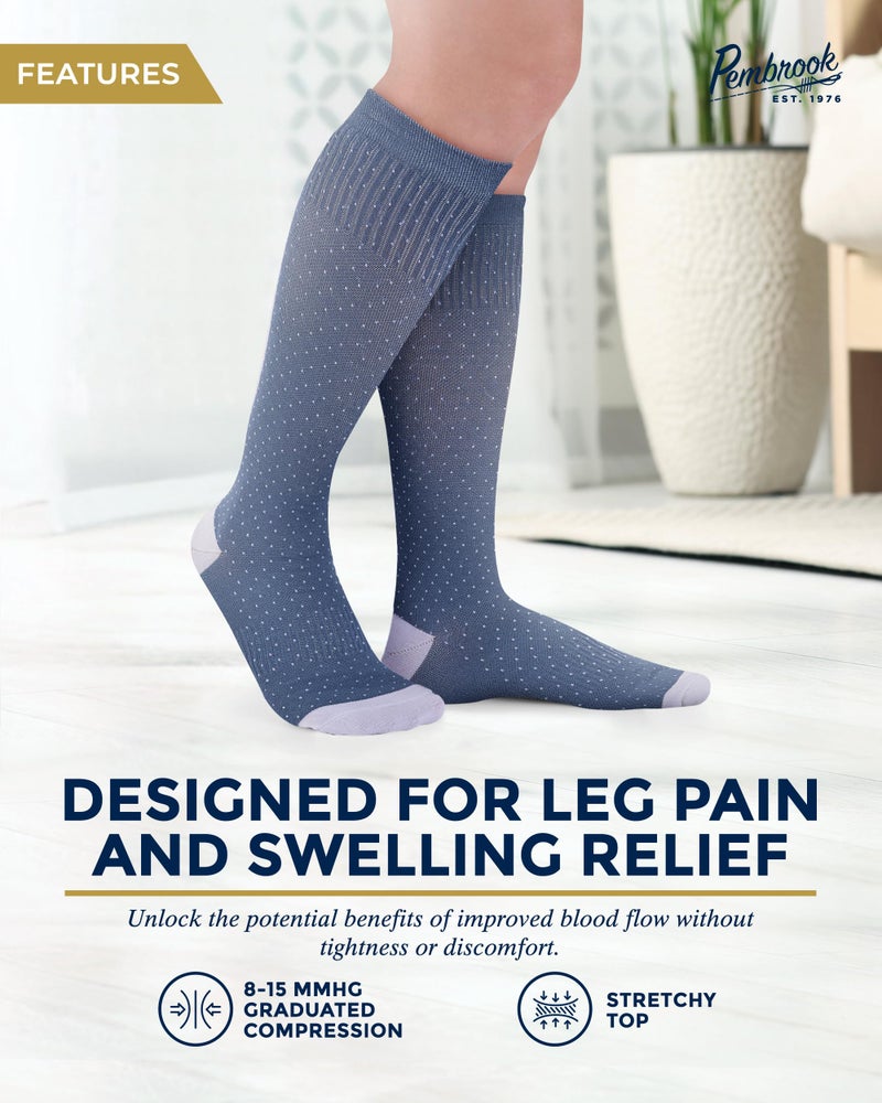 Pembrook Bamboo Viscose Light Compression Socks - 3 Pairs | 8-15 mmHg Light Compression Socks for Women and Men | Navy, Light Blue, Light Grey Polkadots | Mens & Womens - Image 3