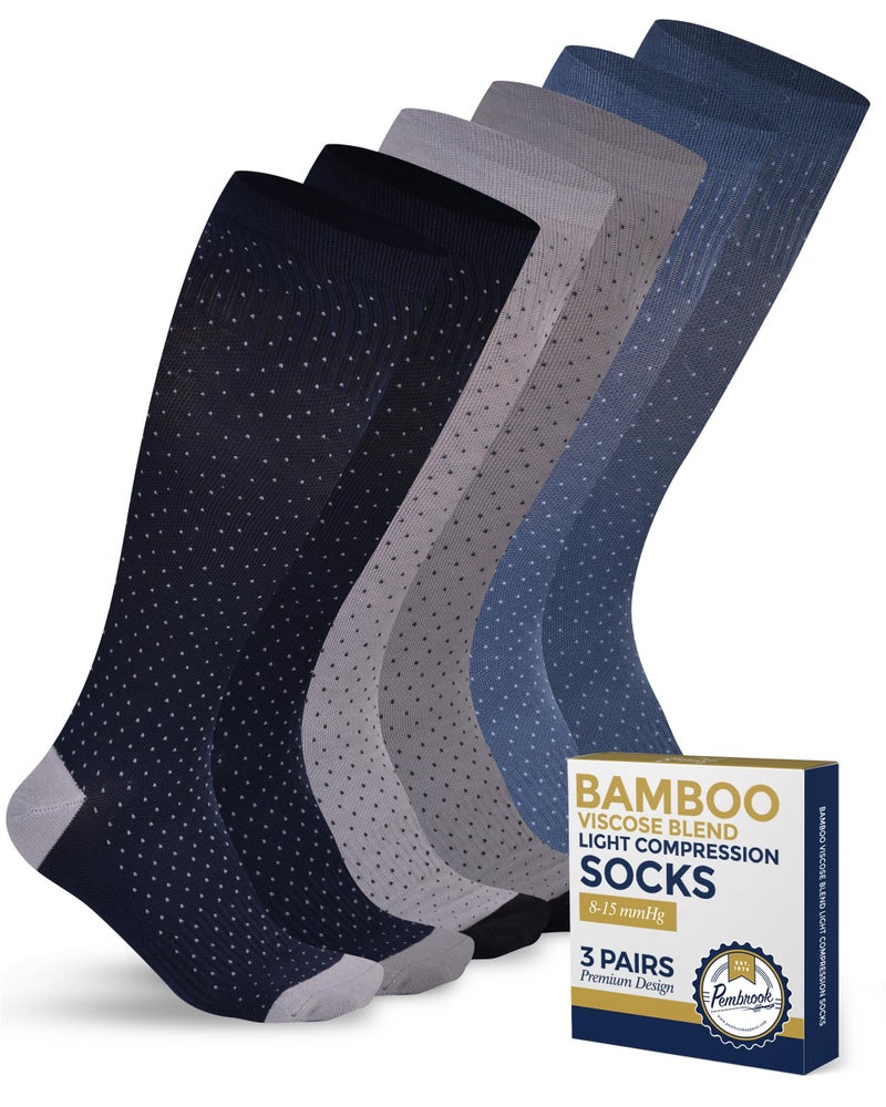 Pembrook Bamboo Viscose Light Compression Socks - 3 Pairs | 8-15 mmHg Light Compression Socks for Women and Men | Navy, Light Blue, Light Grey Polkadots | Mens & Womens - Image 1
