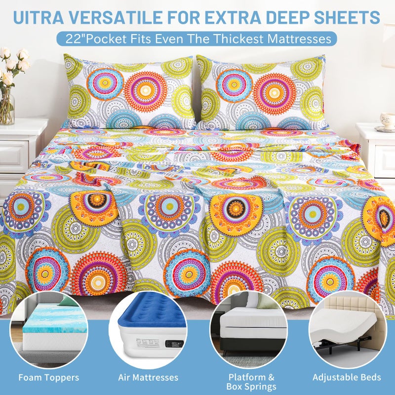 Bedlifes Queen Size Extra Deep Pocket Sheet Sets - Fits Mattresses Up to 18-24" Thick, 4-Piece Microfiber Set with 1800 Thread Count, Soft, Smooth, Breathable, Featuring Mandala Patterned - Image 5