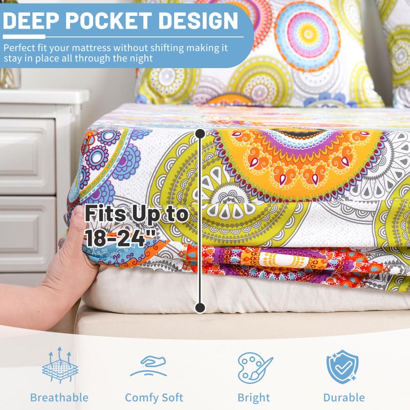 Bedlifes Queen Size Extra Deep Pocket Sheet Sets - Fits Mattresses Up to 18-24" Thick, 4-Piece Microfiber Set with 1800 Thread Count, Soft, Smooth, Breathable, Featuring Mandala Patterned - Image 2