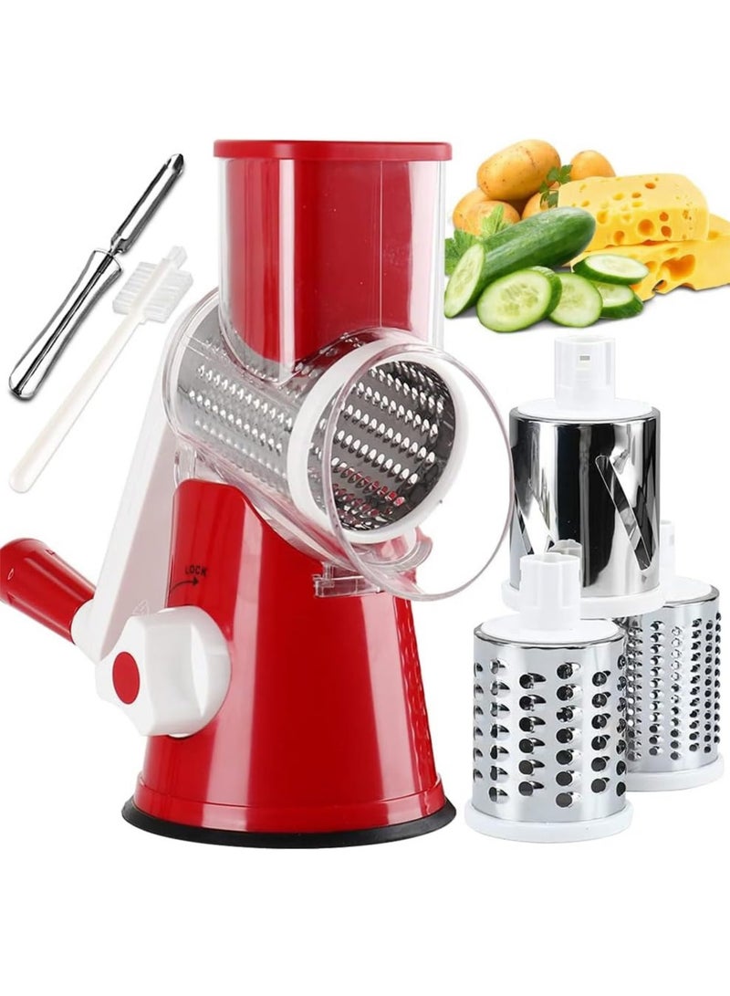 قطاعة خضروات وبطاطس -3 شرائح  يدوية على شكل أسطوانة، مطحنة تقطيع دوارة 3 في 1 للخيار والمكسرات والبطاطس والجزر والجبن وسلطة الخضار، باللون الاحمر