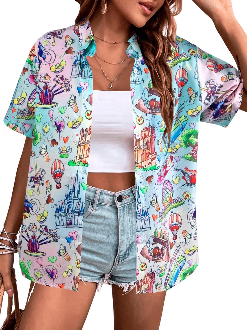 VILOVE Magical Shirt for Women Magic Hawaiian Shirts Princess Tshirt Funny Castle Graphic Family Vacation Button Up Tops - Image 1