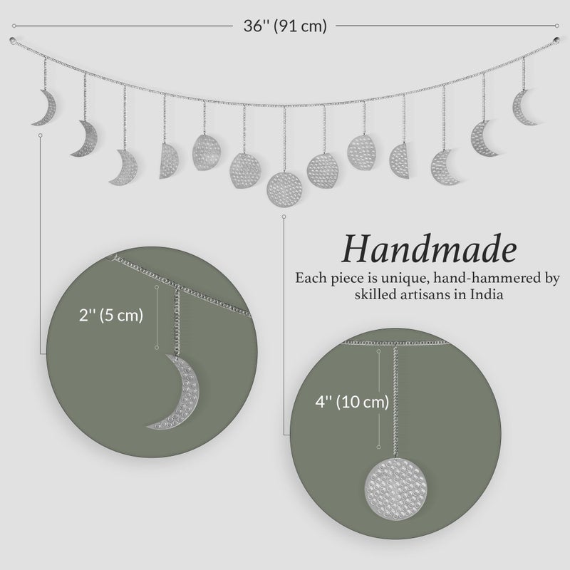 BASE ROOTS Moon Phase Wall Decor, Silver Wall Art for Bedroom, Bohemian and Astrology, Witchy Aesthetic 36" 13 Phases Metal Moon Wall Garland, Celestial Decoration, Gift for Women & Kids - Image 5