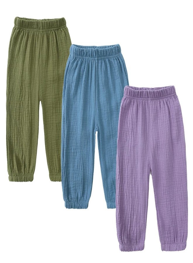 MYGBCPJS Baby Boys Girls 3 Pack Cotton Linen Long Bloomers Ankle Length Trousers Kids Lightweight Elastic Waist Harem Pants - Image 1