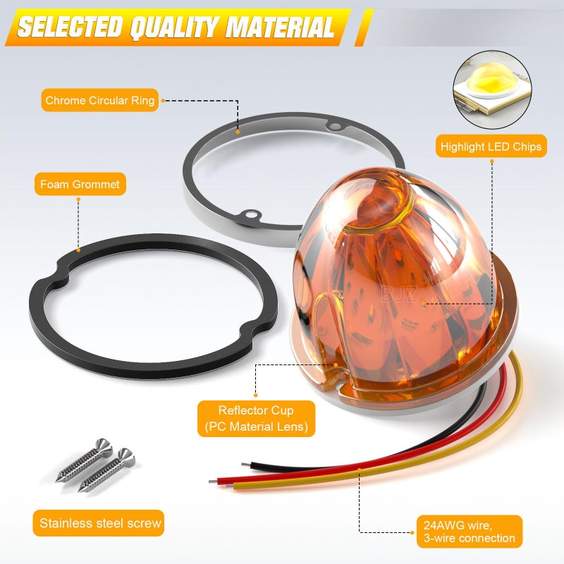 BJZ 6Pcs Amber Watermelon LED Strobe+Constant Marker Lights Dual Function Watermelon-Shaped Side Marker Clearance Tail Top Cap Roof Lights for Trailer Truck Semi-Trailer Heavy-Duty Truck Bus Van - Image 5
