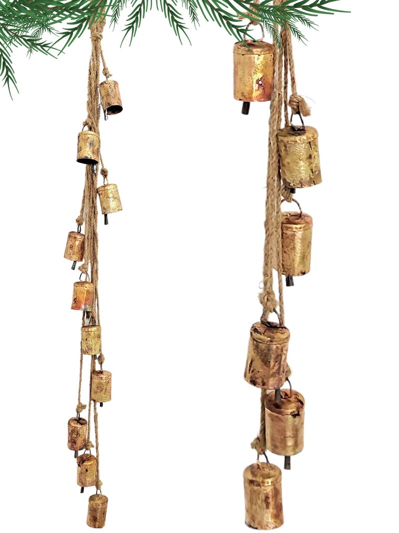 Carfar Shabby Chic Vintage Country Rustic Style Bells Cluster Hanging Handmade Metal Harmony Christmas Hanging Cow Bells on Jute Rope 1 Small Cylinder