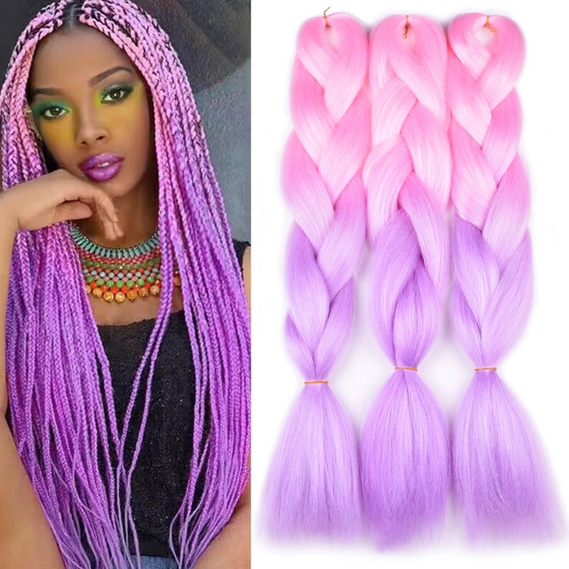 BACANA Pink Ombre Braiding Hair Light PinkLight Purple 3 Packs Jumbo Braid in Hair Extension Ombre Colors High Temperature Synthetic Hair for Braiding Soft Healthy