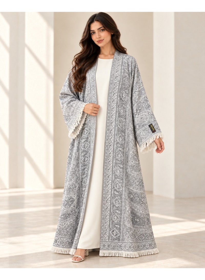 KAVALEE Women's Grey Paisley Pashmina Open Abaya with Matching Scarf - Image 2