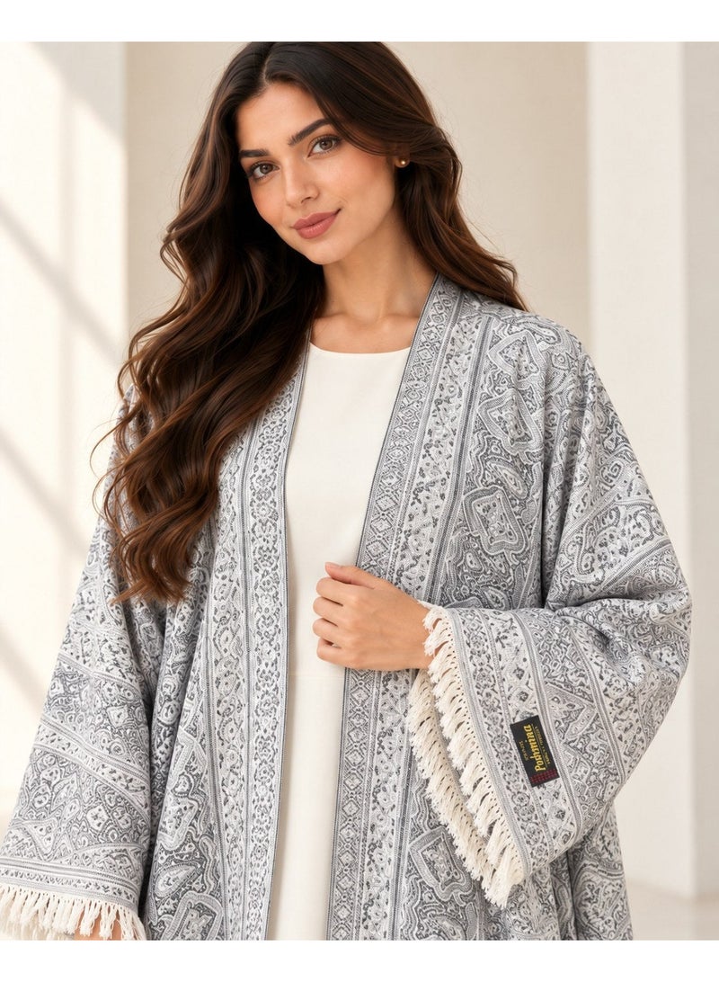 KAVALEE Women's Grey Paisley Pashmina Open Abaya with Matching Scarf - Image 1