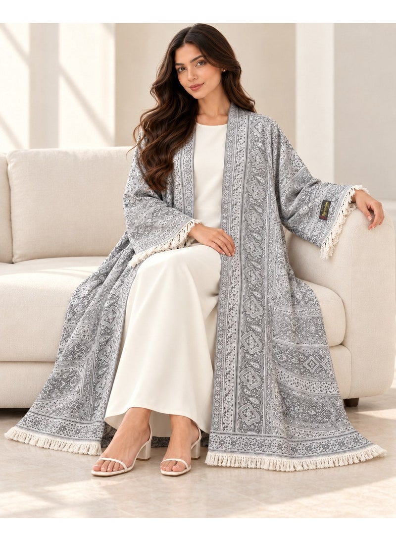 KAVALEE Women's Grey Paisley Pashmina Open Abaya with Matching Scarf - Image 5