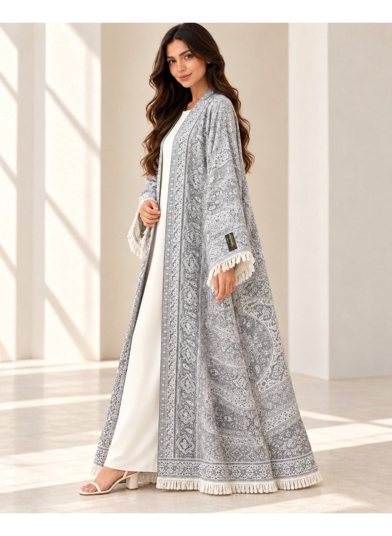 KAVALEE Women's Grey Paisley Pashmina Open Abaya with Matching Scarf - Image 3
