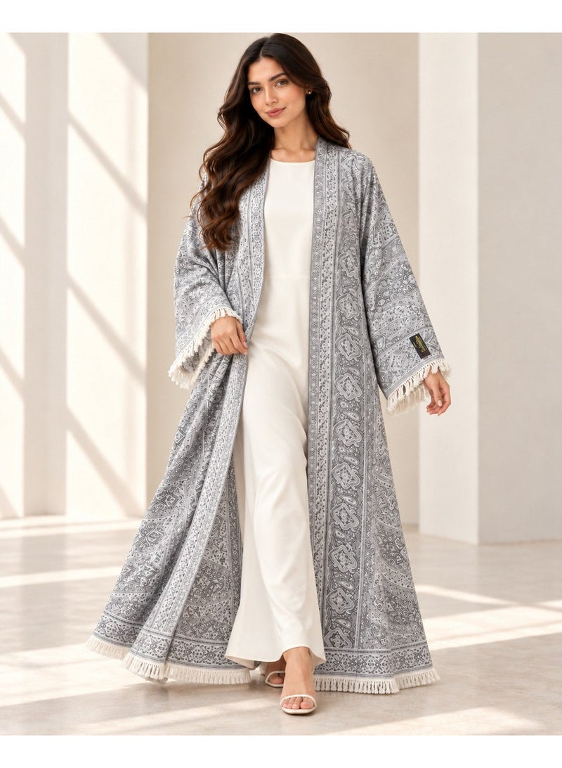 KAVALEE Women's Grey Paisley Pashmina Open Abaya with Matching Scarf - Image 4