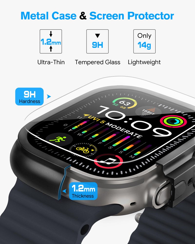 amBand Metal Case Screen Protector Cover for Apple Watch Ultra 3/Ultra 2/Ultra 49mm, W3 Rugged Bumper Thin Frame + 9H Tempered Glass Film + Ceramic-Like Back Cover, [Stylish] [Waterproof], Matte Black - Image 3