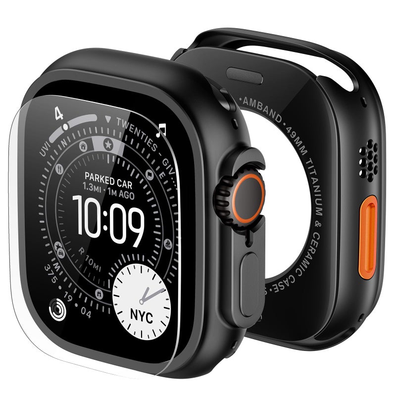 amBand Metal Case Screen Protector Cover for Apple Watch Ultra 3/Ultra 2/Ultra 49mm, W3 Rugged Bumper Thin Frame + 9H Tempered Glass Film + Ceramic-Like Back Cover, [Stylish] [Waterproof], Matte Black - Image 1