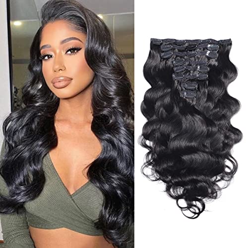 Feelgrace Wavy Clip ins Hair Extensions Human Hair 18 Natural Black Body Wave Clip in Remy Human Hair Extensions for Women - Image 2