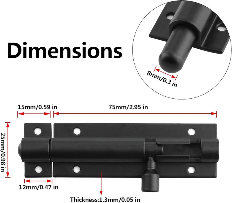BokWin 2Pcs 3 Inch Door Latch Lock Slide Bolt, Solid Aluminium Thickened 1.3mm Door Barrel Bolts Latches, Security Sliding Latch Lock with 12 Screws (Matte Black Finished) - Image 2