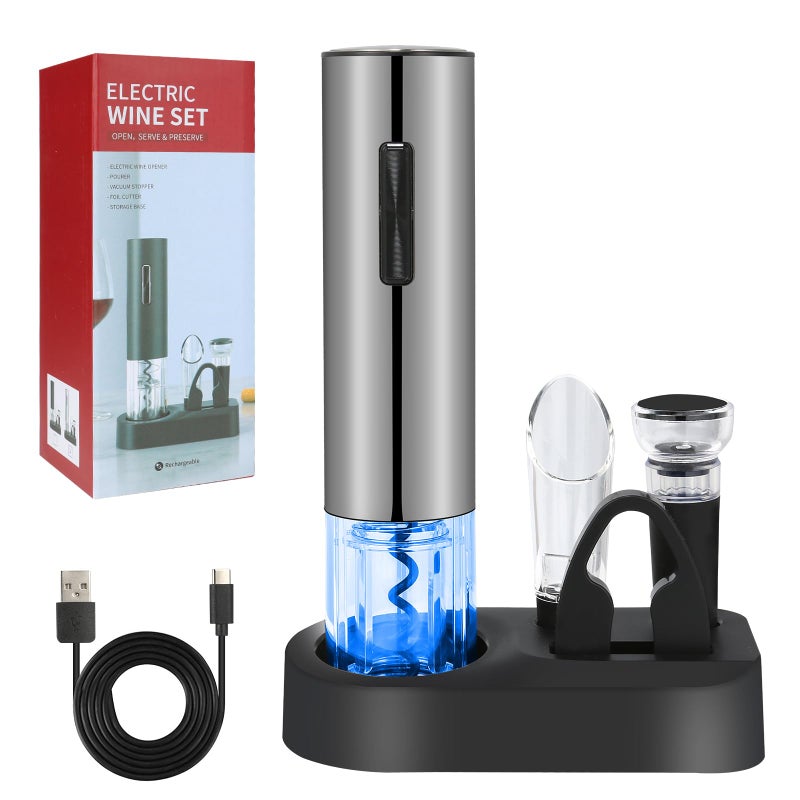 VIDYSUFYR VIDYSUFYR Electric Wine Bottle Opener Set Silver Automatic Wine Bottle Opener with Led Light Rechargeable Corkscrew Kit with AeratorFoil CutterStoppers