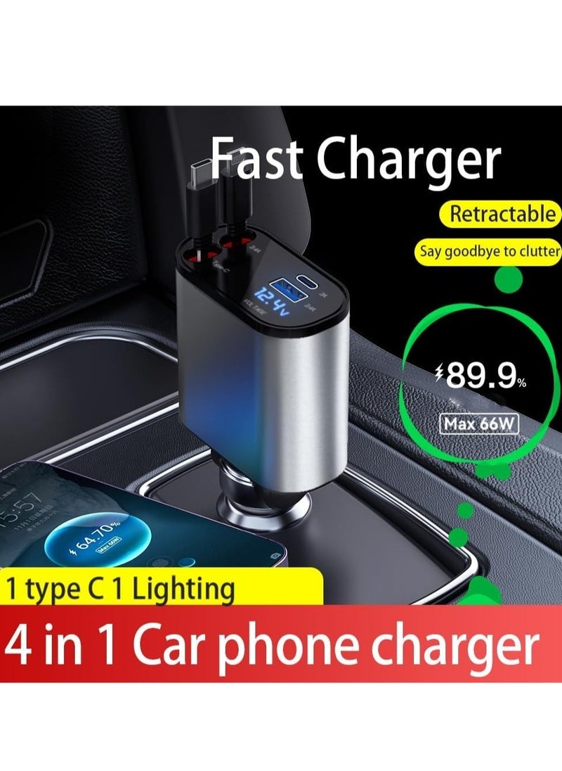 "Retractable 4-in-1 Fast Car Charger – 60W Power Delivery for Multiple Devices"