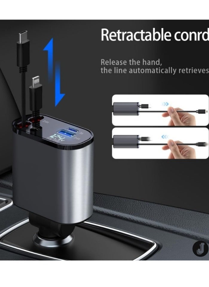 "Retractable 4-in-1 Fast Car Charger – 60W Power Delivery for Multiple Devices"