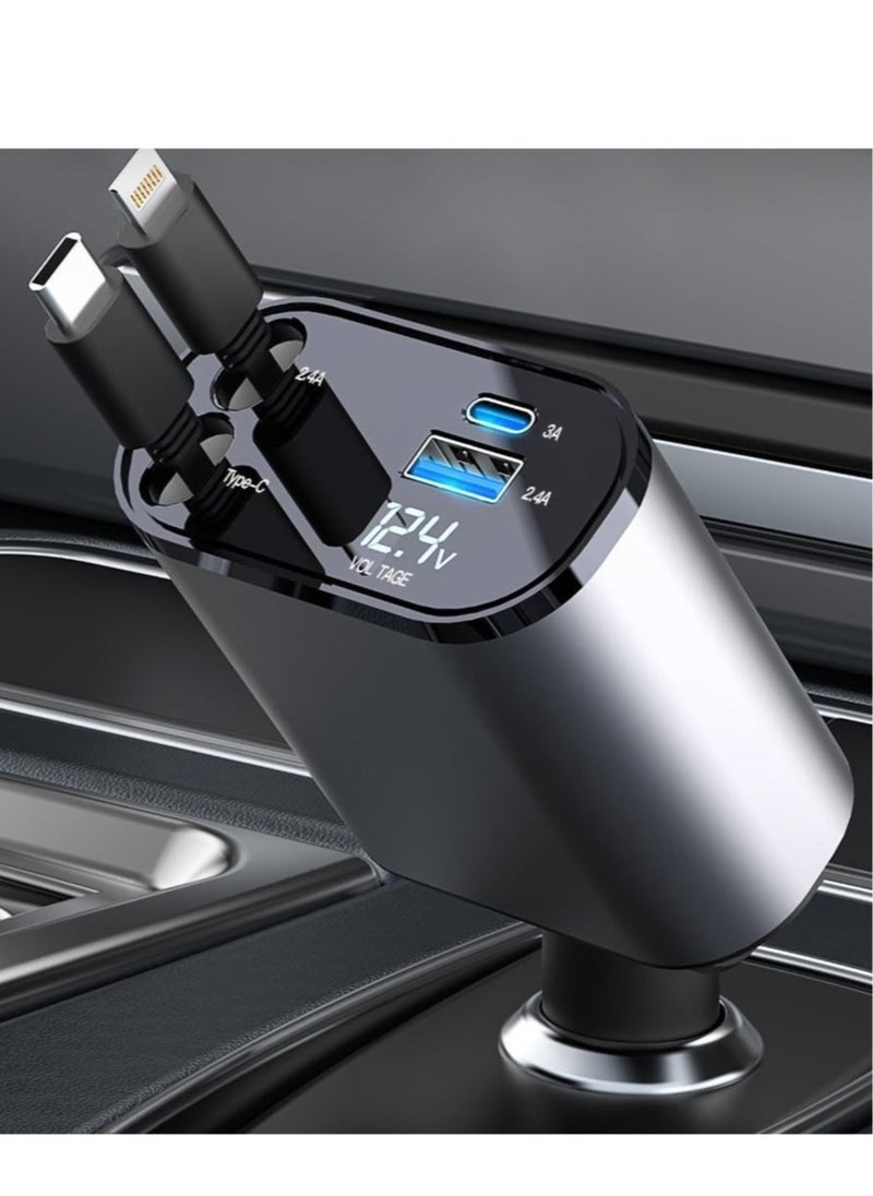 "Retractable 4-in-1 Fast Car Charger – 60W Power Delivery for Multiple Devices"