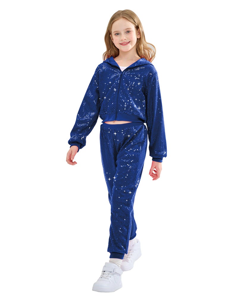 LOLANTA Girls Dance Outfits Sequin Jacket 90s Theme Sparkly Banquet Outfits School Stage Performance (Royal blue, 7-8 Years) - Image 1