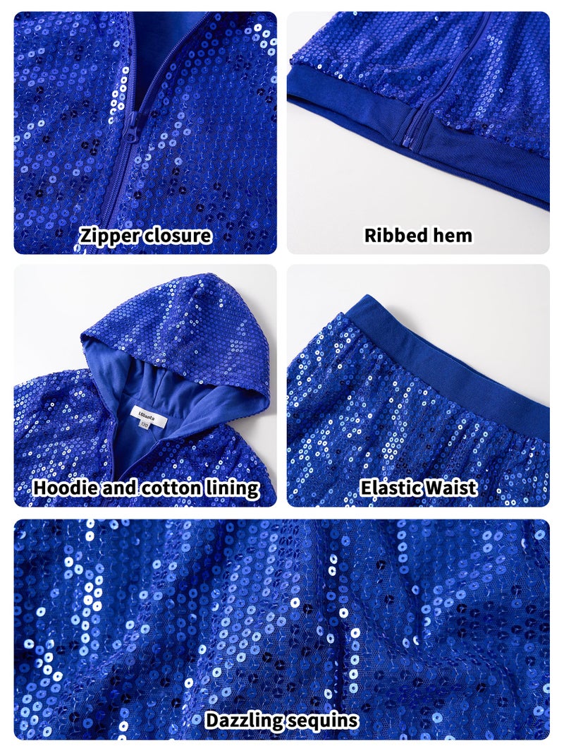 LOLANTA Girls Dance Outfits Sequin Jacket 90s Theme Sparkly Banquet Outfits School Stage Performance (Royal blue, 7-8 Years) - Image 2