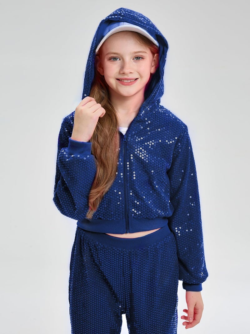 LOLANTA Girls Dance Outfits Sequin Jacket 90s Theme Sparkly Banquet Outfits School Stage Performance (Royal blue, 7-8 Years) - Image 5