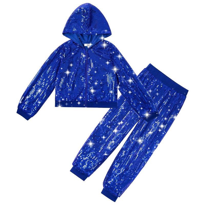LOLANTA Girls Dance Outfits Sequin Jacket 90s Theme Sparkly Banquet Outfits School Stage Performance (Royal blue, 7-8 Years) - Image 3