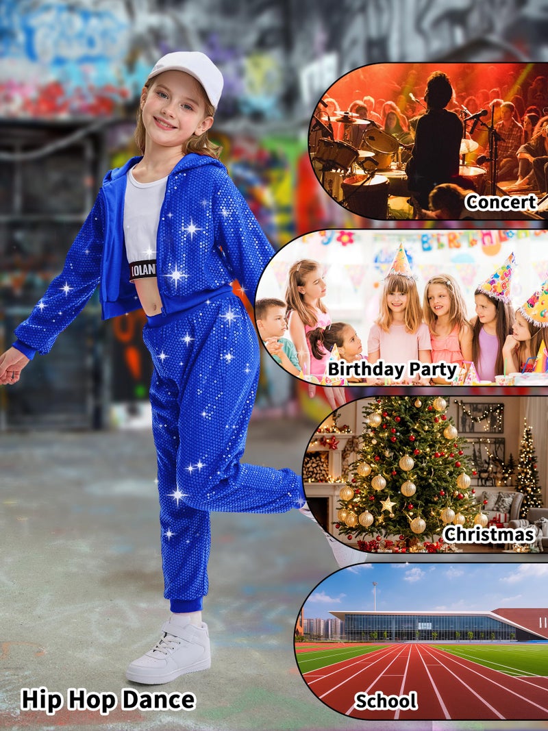LOLANTA Girls Dance Outfits Sequin Jacket 90s Theme Sparkly Banquet Outfits School Stage Performance (Royal blue, 7-8 Years) - Image 4