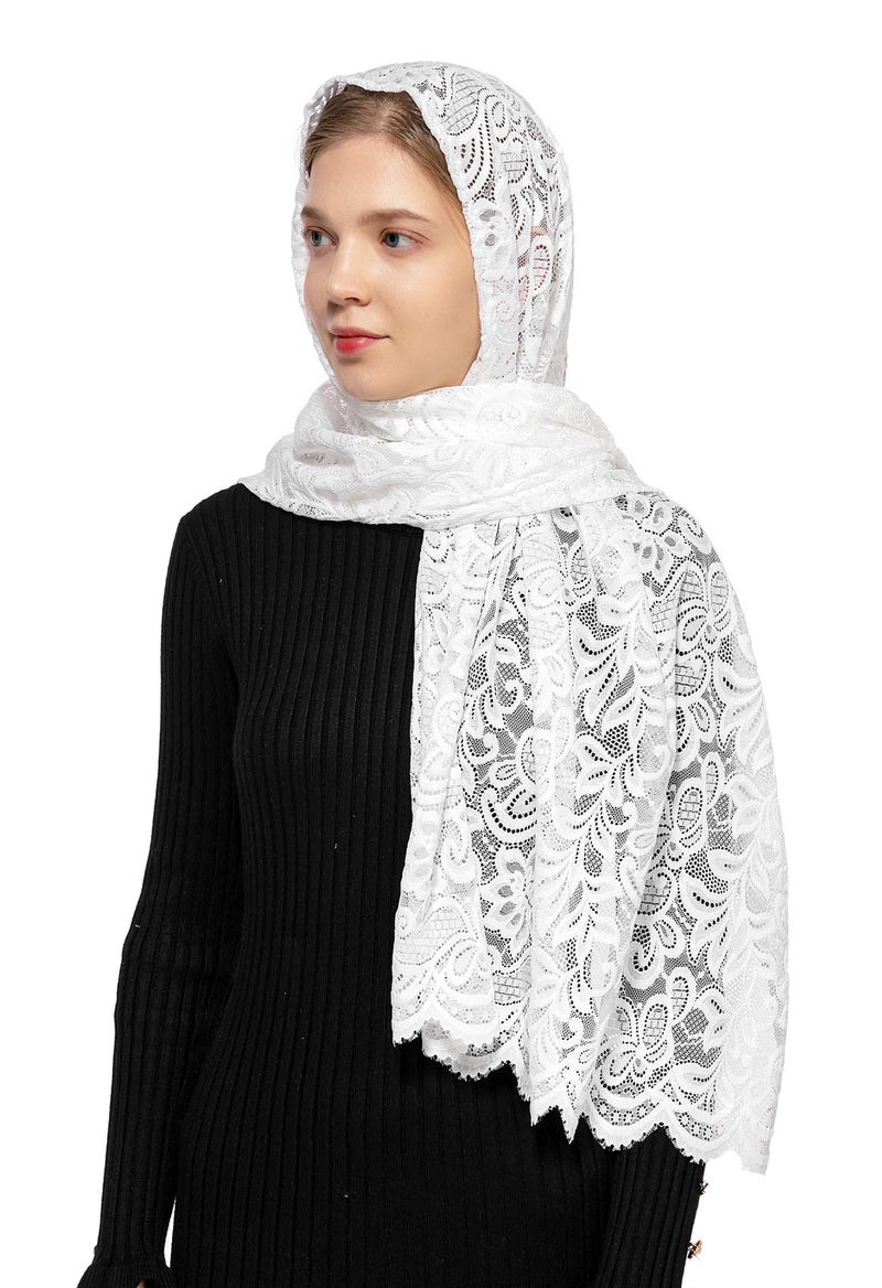 Wgior Rectangular Chapel Veil Scarf Catholic Church Veils Mantilla Wrap Shawl Mass Head Covering (White) - Image 1
