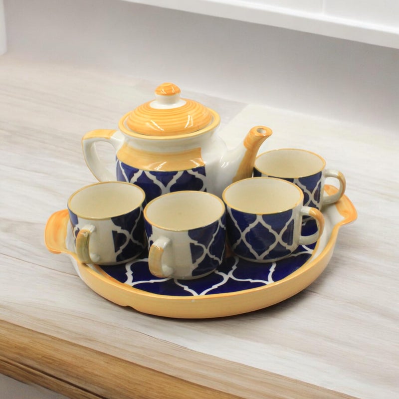 The Pottery Muse Ceramic Kettle Set with 4 Cups, Handpainted Kettle Set with 4 Cups and a Tray, 4 Cups - 150 ML, 1 Kettle - 600 ML, 1 Tray, Best for Family Gatherings, for Gifting to Family, Friends - Image 4