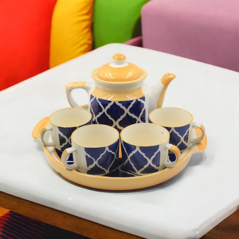The Pottery Muse Ceramic Kettle Set with 4 Cups, Handpainted Kettle Set with 4 Cups and a Tray, 4 Cups - 150 ML, 1 Kettle - 600 ML, 1 Tray, Best for Family Gatherings, for Gifting to Family, Friends - Image 1