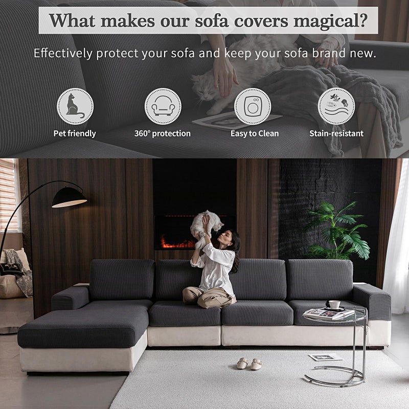 OHSIO Sectional Couch Covers, Wear Resistant Stretch Sofa Covers Washable Soft Couch Cushion Covers Anti Slip Furniture Protector Sofa Slipcovers for Pets (1 Piece Back Couch Cover, Dark Gray) - Image 4