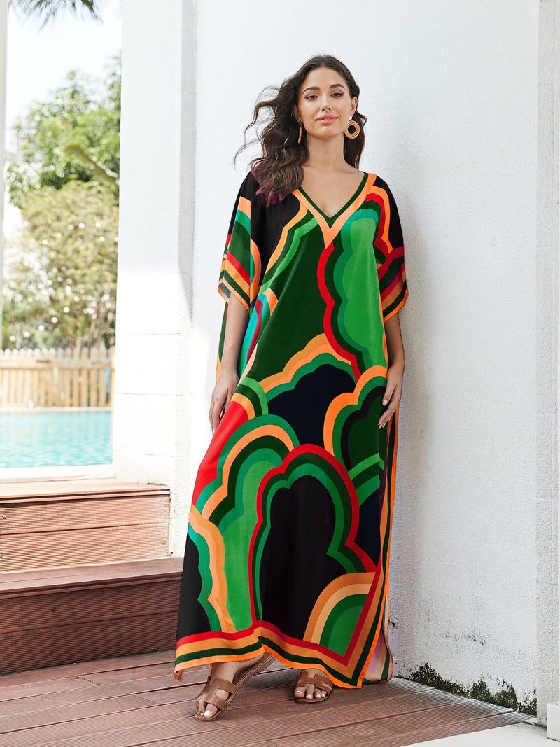 IMAGEKOPE Women's Plus Size Loose Fit Moroccan Print V-Neck Batwing Kaftan Beach Dress Bathing Suit Cover Up - Image 4