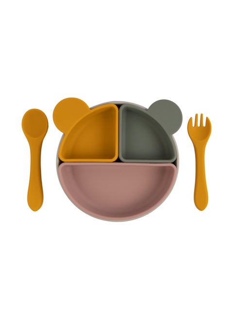 Feeding Set With Removable Sections , 3 Piece, Silicone Set For Self Feeding, Learning & Fine Motor Skills Soft, Easy To Grip,Silicone Suction Plate With Silicone Spoon And Fork- Green
