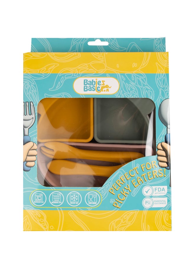 Feeding Set With Removable Sections , 3 Piece, Silicone Set For Self Feeding, Learning & Fine Motor Skills Soft, Easy To Grip,Silicone Suction Plate With Silicone Spoon And Fork- Green
