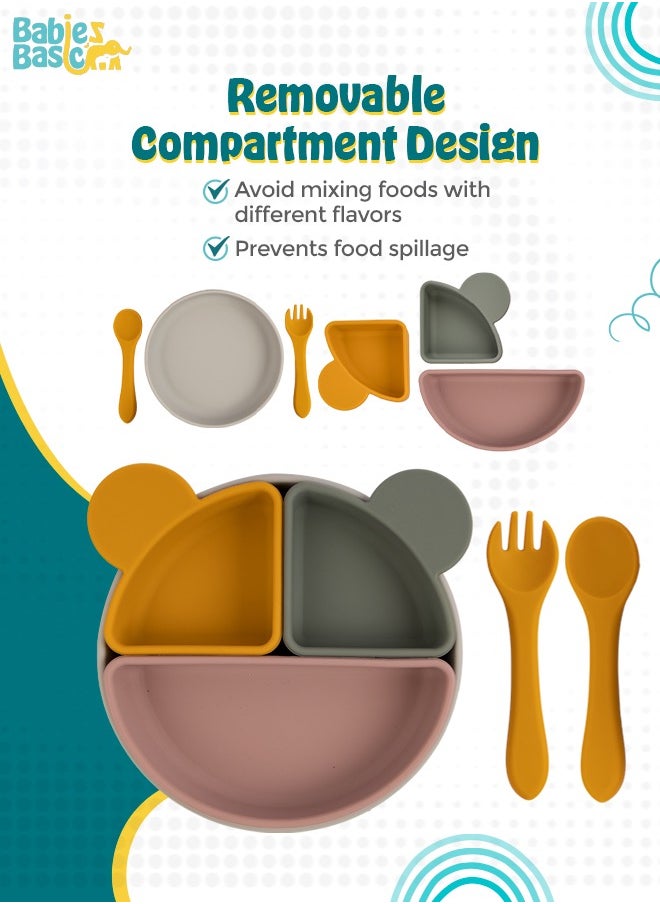 Babies Basic Feeding Set With Removable Sections , 3 Piece, Silicone Set For Self Feeding, Learning & Fine Motor Skills Soft, Easy To Grip,Silicone Suction Plate With Silicone Spoon And Fork- Green  - Image 2