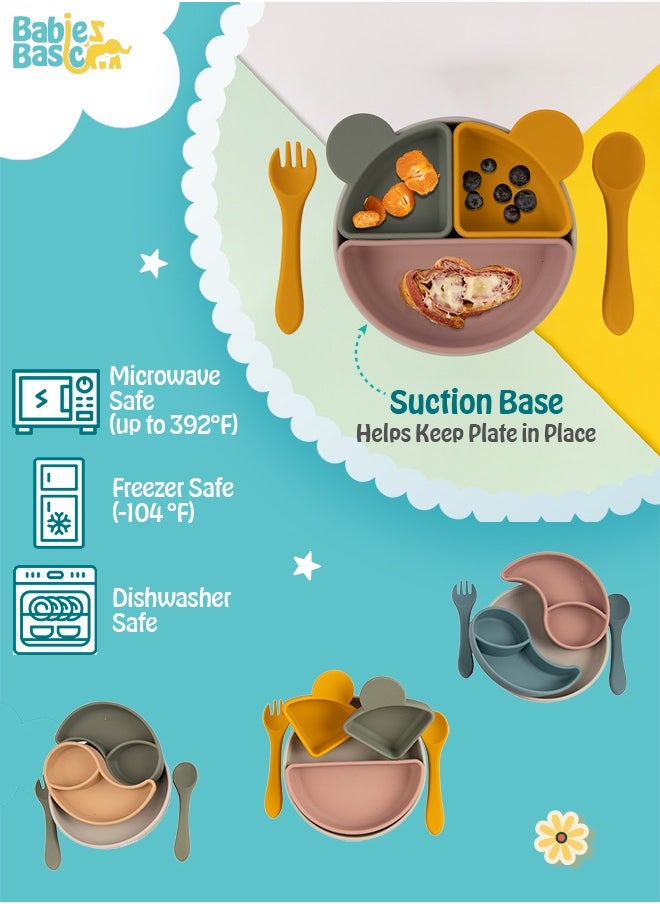 Babies Basic Feeding Set With Removable Sections , 3 Piece, Silicone Set For Self Feeding, Learning & Fine Motor Skills Soft, Easy To Grip,Silicone Suction Plate With Silicone Spoon And Fork- Green  - Image 3