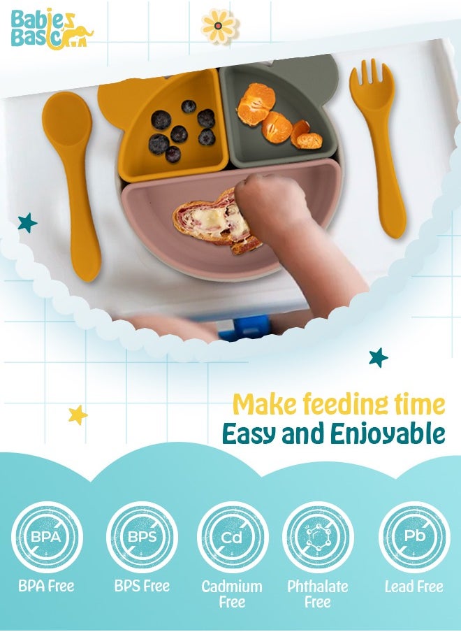 Babies Basic Feeding Set With Removable Sections , 3 Piece, Silicone Set For Self Feeding, Learning & Fine Motor Skills Soft, Easy To Grip,Silicone Suction Plate With Silicone Spoon And Fork- Green  - Image 4