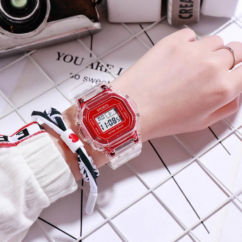 Trendy Transparent LED Sports Watch for Women Red 