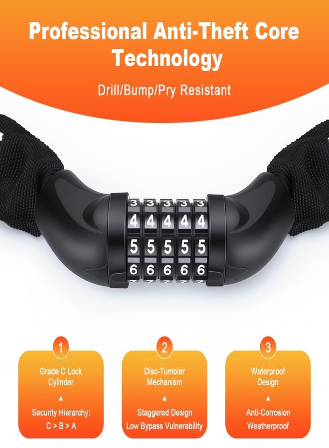 YBLNTEK Heavy Duty Bike Chain Lock, 5 Digit Combination Resettable Bike Lock, Anti-Theft Hardened Steel Chain Bicycle Locks Keyless 3.2Ft Long 6mm/0.24" Thick for Bikes, E-Bike, Motorcycle, Motorbike - Image 3