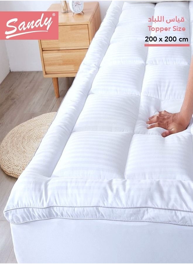 Sandy SANDY Super Soft Mattress Topper, 1Pc Fitted Sheet Style Up to 35cm, 100% Super Soft Microfiber Fabric, Cloudy Soft & Thick Down Alternative Filling (King Size: 200X200 cm +10 cm Thick, White Stripe)  - Image 2