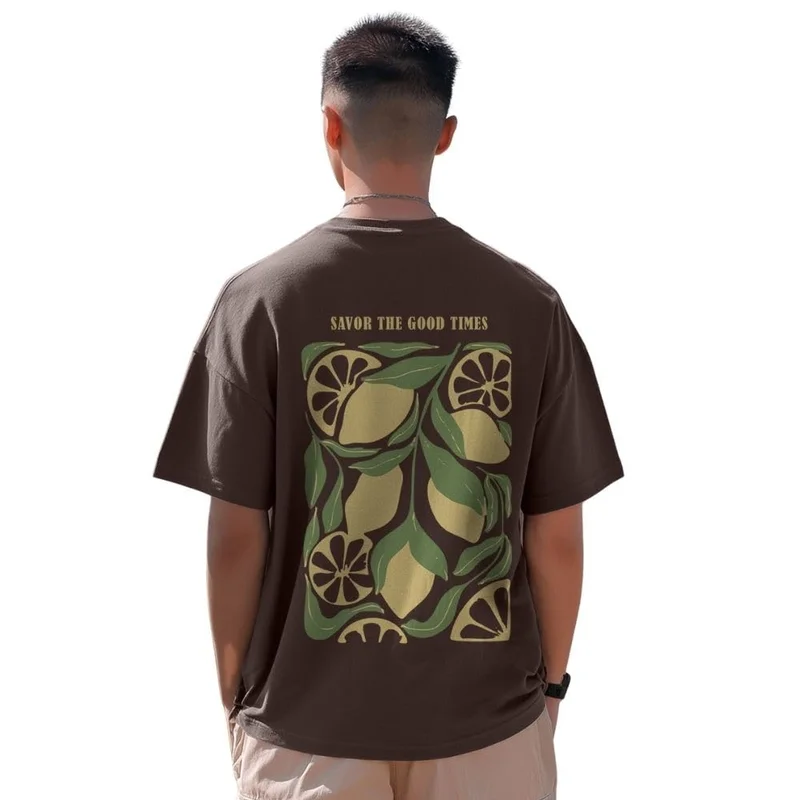 NOBERO Men's Brown Graphic Print Oversized T-Shirt