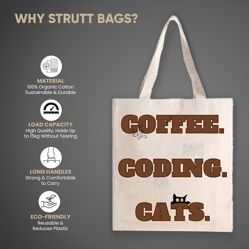 STRUTT Foldable Canvas Tote Bag for Women, Tote Bag for College Girls,100% Organic Cotton Reusable Shopping Bag for Grocery, Eco-Friendly Multi-Purpose Bag for Travel & Daily Use- Coffee Coding - Image 2