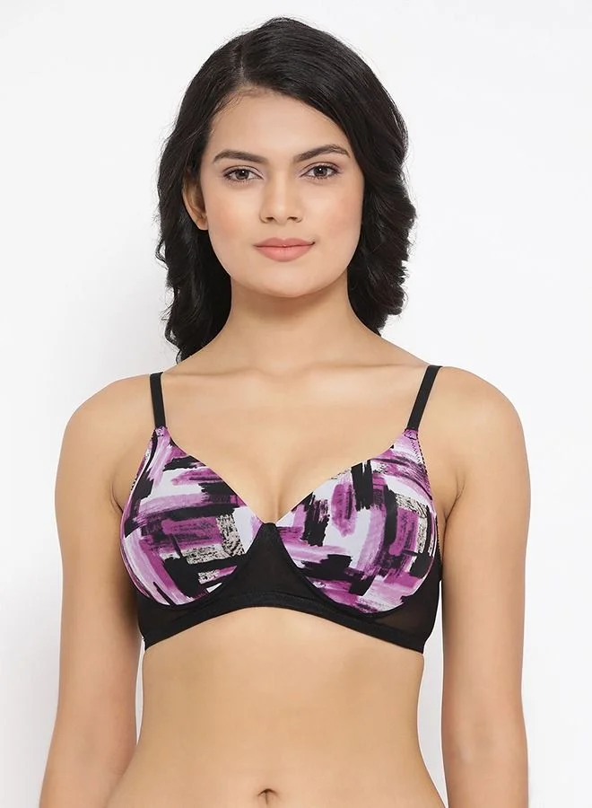 كلوفيا Clovia Padded Non-Wired Full Coverage Printed T-Shirt Bra in Black - Powernet