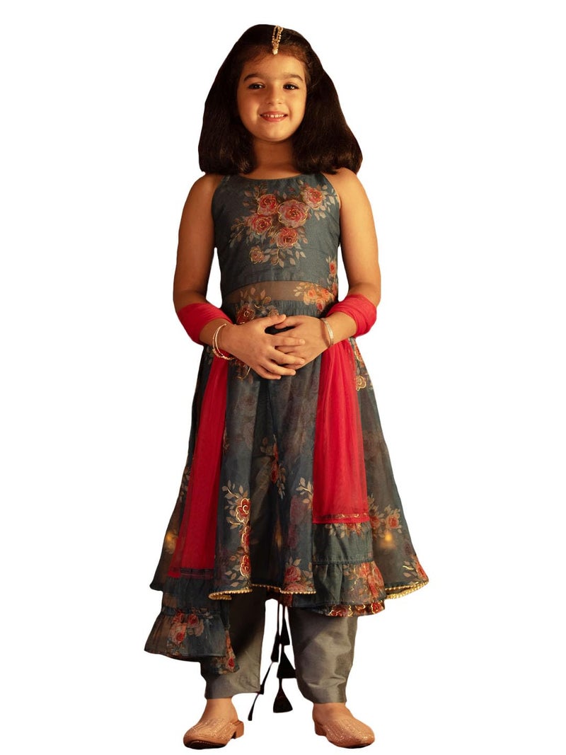 VASTRAMAY Girls' Grey Organza Anarkali Set | A gorgeous foil painted Anarkali With Dupatta perfect Navratri & Diwali | Gown for Weddings, Festivals, and Special Occasions - Image 1