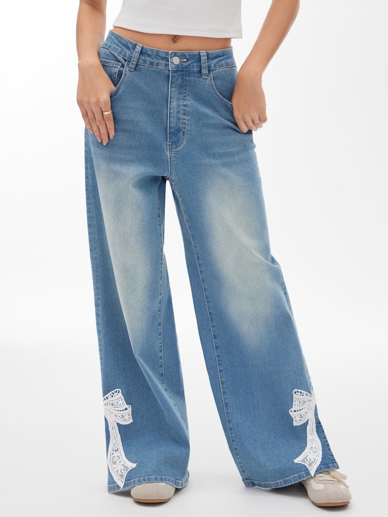 CIDER Baggy Wide Leg Jeans for Women Middle Waisted Y2k Straight Leg Bow Jeans Denim Pants with Pockets - Image 2