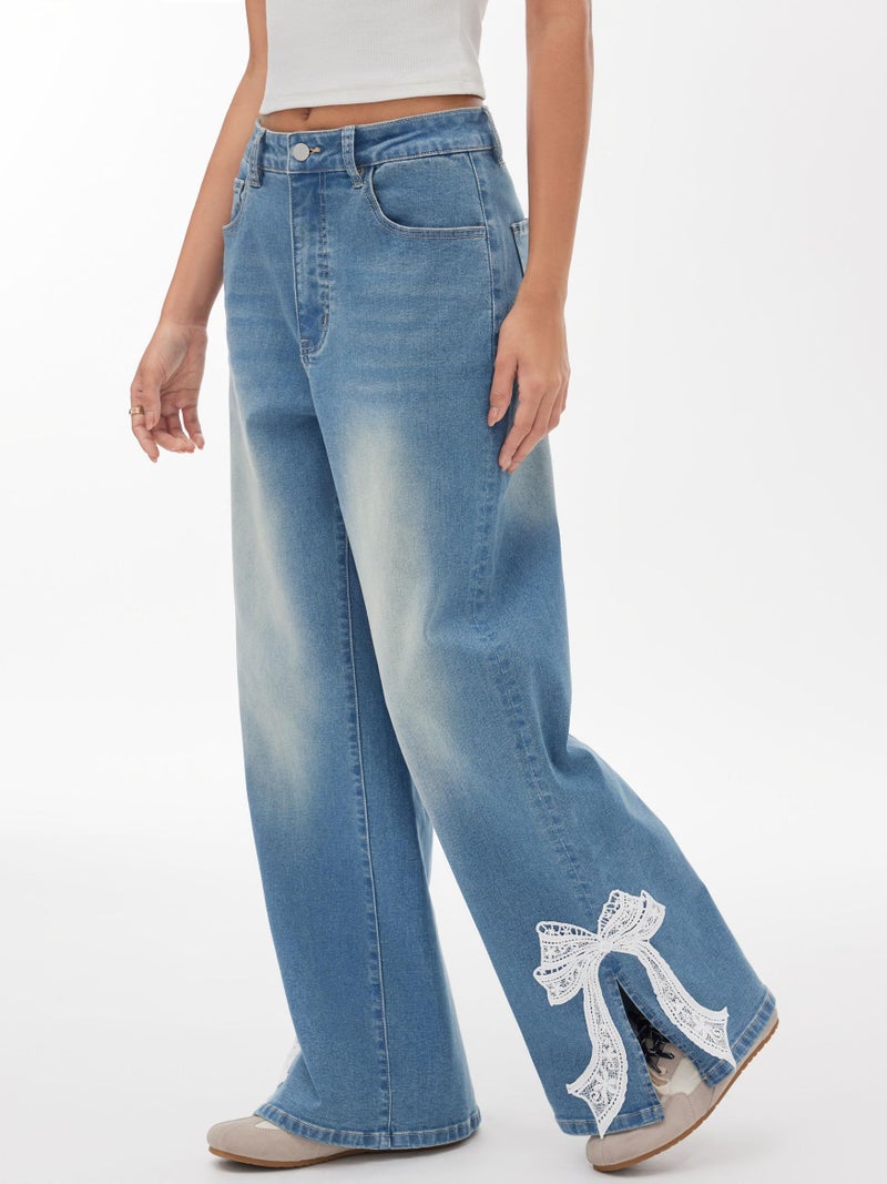 CIDER Baggy Wide Leg Jeans for Women Middle Waisted Y2k Straight Leg Bow Jeans Denim Pants with Pockets - Image 4