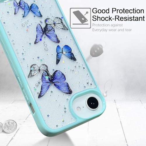 VONZEE Clear Glitter Butterfly Case for iPhone 16e/17e Cover | Cute Bling Sparkle Transparent Soft TPU Bumper | Shockproof Slim Protective Back Cover for Girls & Women (Mint Green) - Image 4