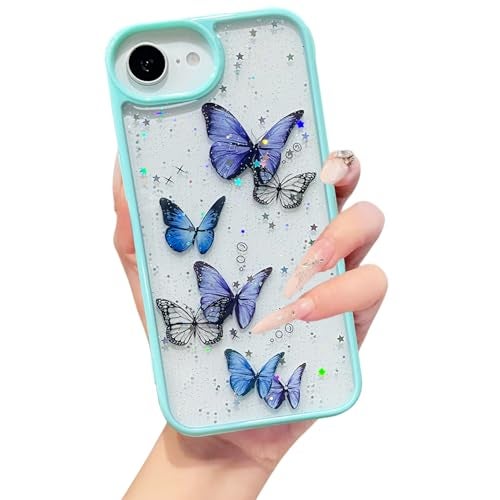 VONZEE Clear Glitter Butterfly Case for iPhone 16e/17e Cover | Cute Bling Sparkle Transparent Soft TPU Bumper | Shockproof Slim Protective Back Cover for Girls & Women (Mint Green) - Image 1